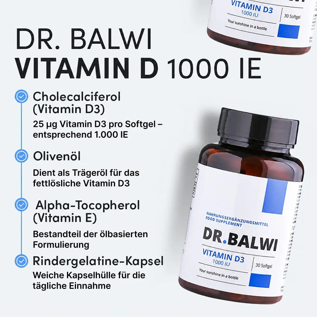 Eine Flasche Vitamin D 1000 IE aus dem Dr. Balwi Shop, deren Inhaltsstoffe unter anderem Cholecalciferol (Vitamin D3), Olivenöl, Alpha-Tocopherol (Vitamin E) und eine Kapsel aus Rindergelatine umfassen. Entwickelt, um das Immunsystem zu stärken und Haarausfall vorzubeugen – ideal für alle, die gezielt auf eine ausreichende Versorgung mit Vitamin D achten möchten.