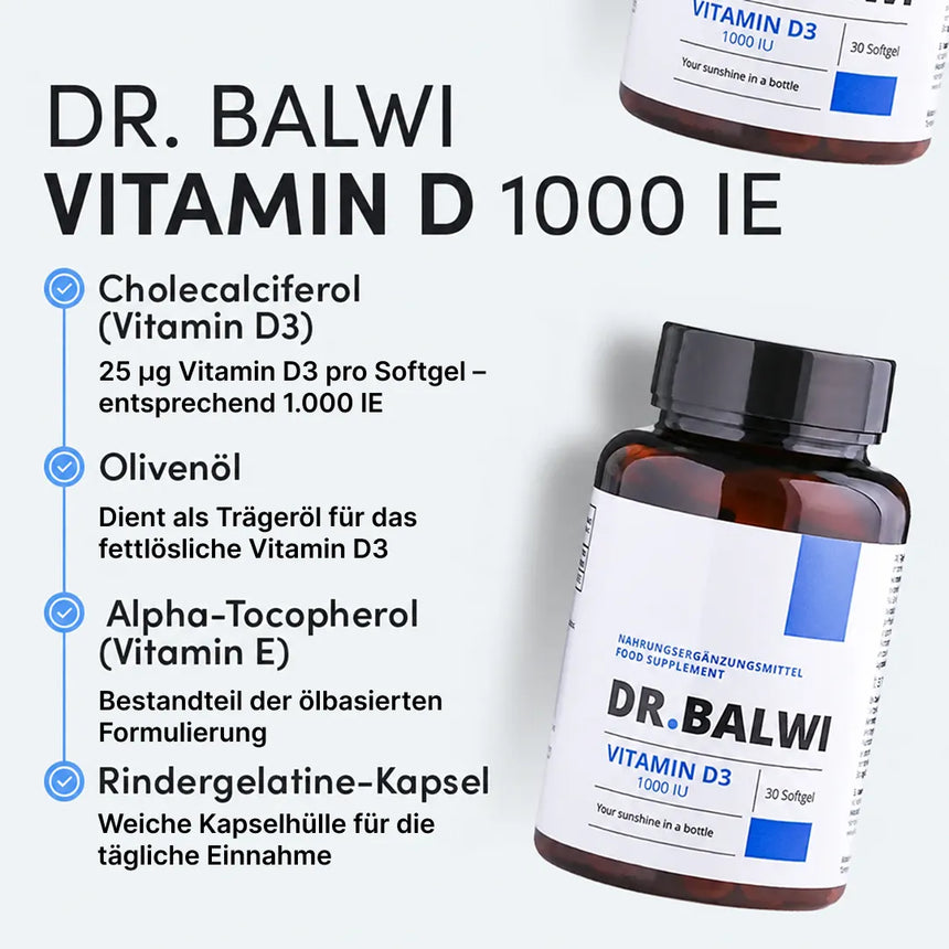 Eine Flasche Vitamin D 1000 IE aus dem Dr. Balwi Shop, deren Inhaltsstoffe unter anderem Cholecalciferol (Vitamin D3), Olivenöl, Alpha-Tocopherol (Vitamin E) und eine Kapsel aus Rindergelatine umfassen. Entwickelt, um das Immunsystem zu stärken und Haarausfall vorzubeugen – ideal für alle, die gezielt auf eine ausreichende Versorgung mit Vitamin D achten möchten.