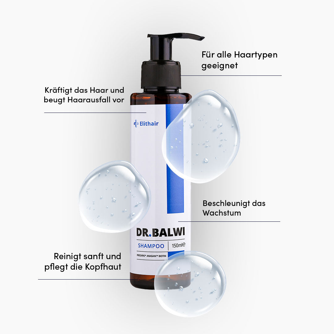 Eine Flasche Anti Haarausfall System von Dr. Balwi Shop ist auf einem hellen Hintergrund zentriert, umgeben von Wassertropfen und deutschem Text, der die Vorteile für alle Haartypen, die Vorbeugung von Haarausfall, eine sanfte Reinigung und eine Beschleunigung des Wachstums anpreist.
