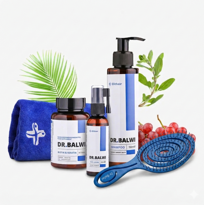 Die Dr. Balwi Shop Anti-Haarausfall-Routine mit Shampoo, Kapseln und Spray wird mit einem blauen Handtuch, einer blauen Bürste, grünen Blättern und roten Trauben auf einem weißen Hintergrund dargestellt.