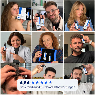 Collage aus neun Fotos, die Menschen zeigen, die das Dr. Balwi Haarserum gegen Haarausfall anwenden, mit einer eingeblendeten Kundenbewertung von 4,54 Sternen, basierend auf 4.057 Bewertungen.