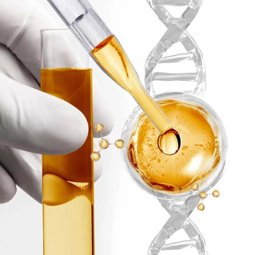 Eine behandschuhte Hand hält ein mit bernsteinfarbener Flüssigkeit gefülltes Reagenzglas, während eine Pipette die Flüssigkeit in eine Petrischale tropft. Im Hintergrund ist eine DNA-Doppelhelix zu sehen, die für Biotechnologie oder genetische Forschung steht.