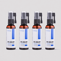 Vier braune Dr. Balwi Hair Serum Flaschen aus dem Dr. Balwi Shop, jeweils 50ml mit weißem und blauem Etikett, schwarzer Sprühpumpe und dem Ethihair-Logo, sind aufgereiht, um das Haarwachstum zu fördern und den Haarausfall zu reduzieren.