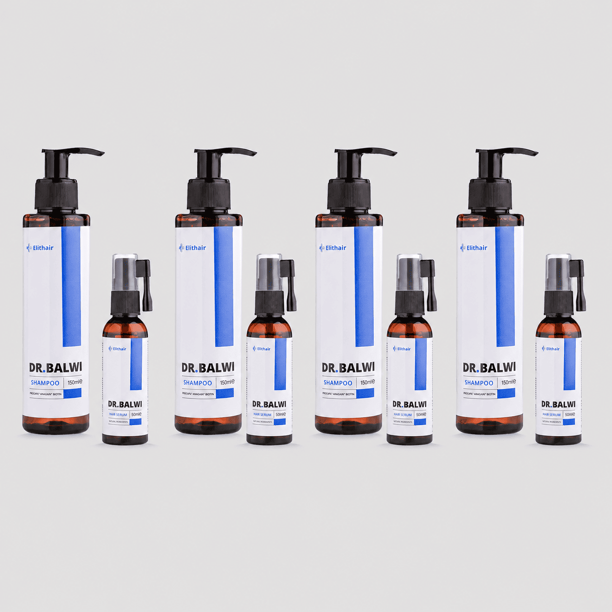 Sieben Flaschen des Dr. Balwi Shop Shampoo & Spray Sets für die Pflege nach einer Haartransplantation sind in zwei Reihen auf hellgrauem Hintergrund angeordnet, jeweils mit weißen Etiketten mit blauen Akzenten und schwarzen Pump- oder Sprühaufsätzen.